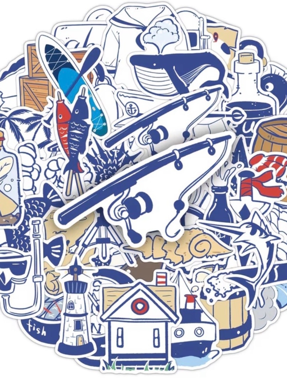50 Blue White Nautical Stickers Anchor Ship Sailor Fish Lighthouse Rope Shell - Picture 10 of 16